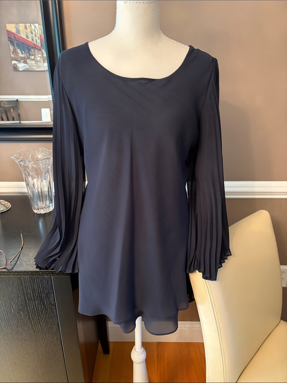 Source Unknown Navy Pleated Sleeve Blouse